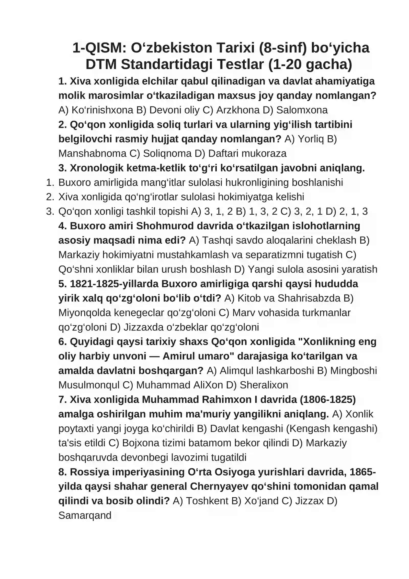 8-sinf O‘zbekiston Tarixi (DTM Standartidagi Testlar) 2