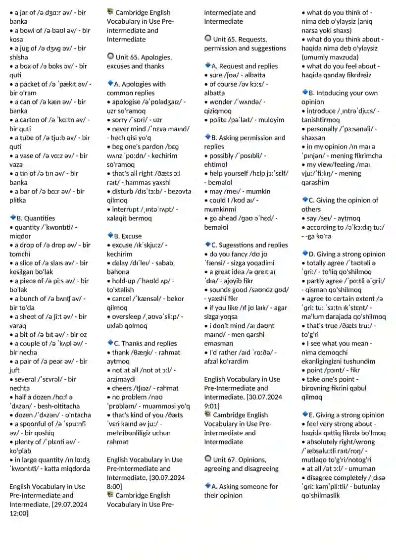 PRE INTERMEDIATE VOCABULARY 61-100 UNITS 2