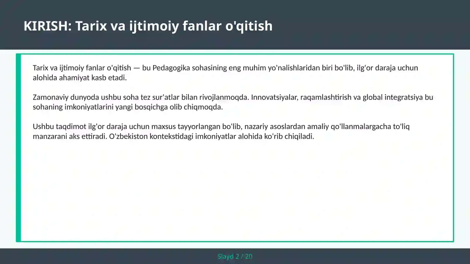 TARIX VA IJTIMOIY FANLAR O'QITISH 2