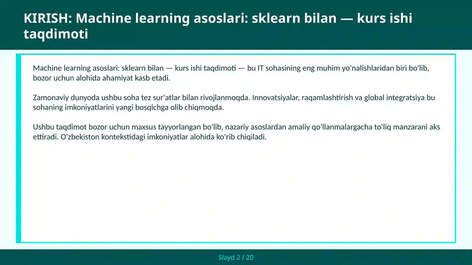 Machine learning asoslari: sklearn bilan — kurs ishi taqdimoti 2