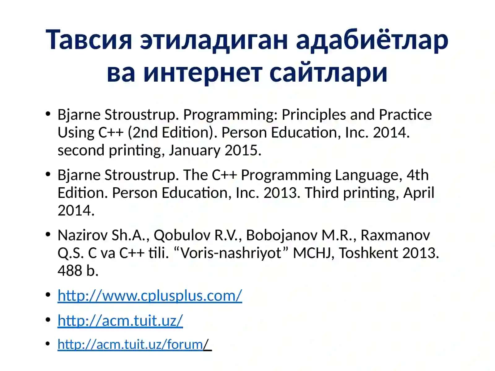 ДАСТУРЛАШ АСОСЛАРИ. С++ ДАСТУРЛАШ ТИЛИ 2