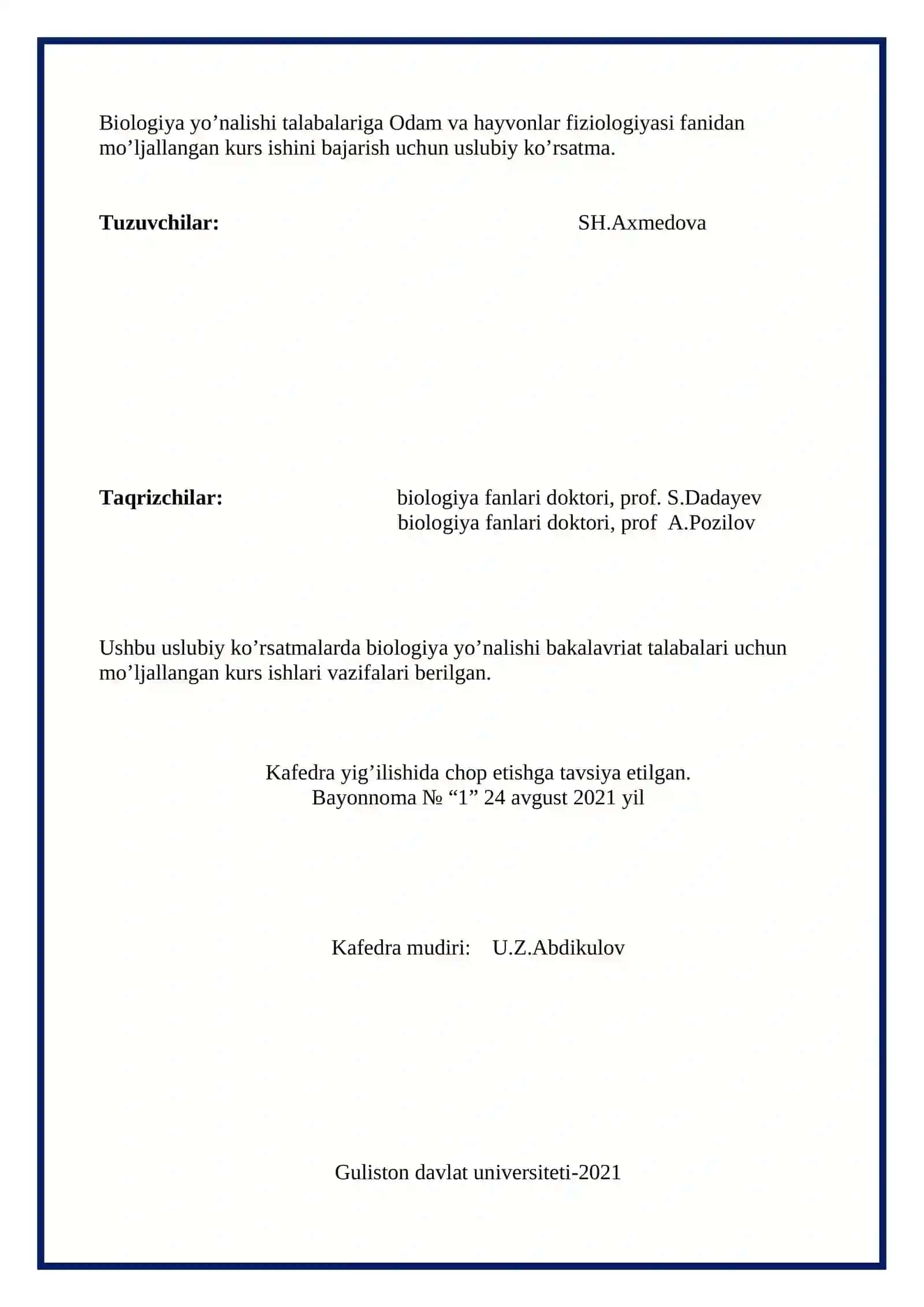Odam va Hayvonlar Fiziologiyasi Kurs Ishlari 2