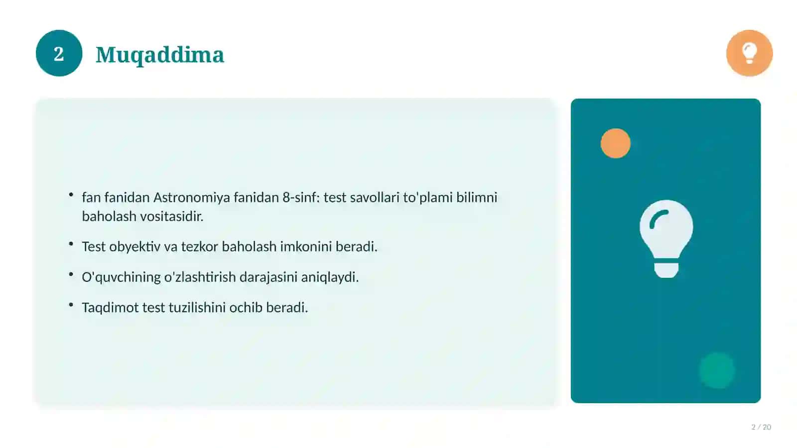 Astronomiya fanidan 8-sinf: test savollari to'plami 2