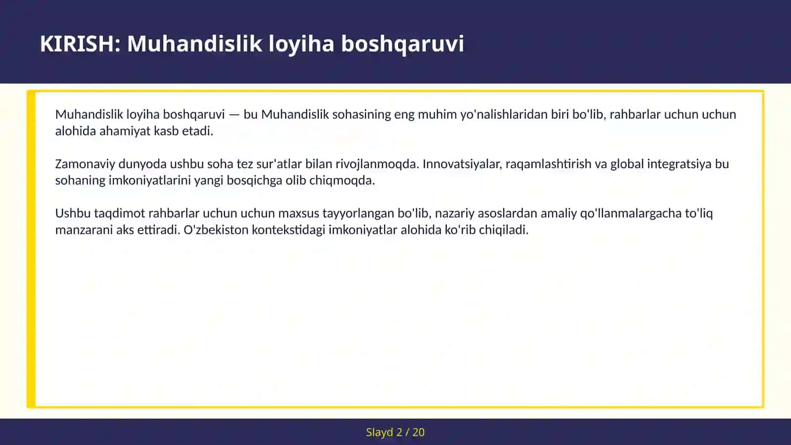 MUHANDISLIK LOYIHA BOSHQARUVI 2