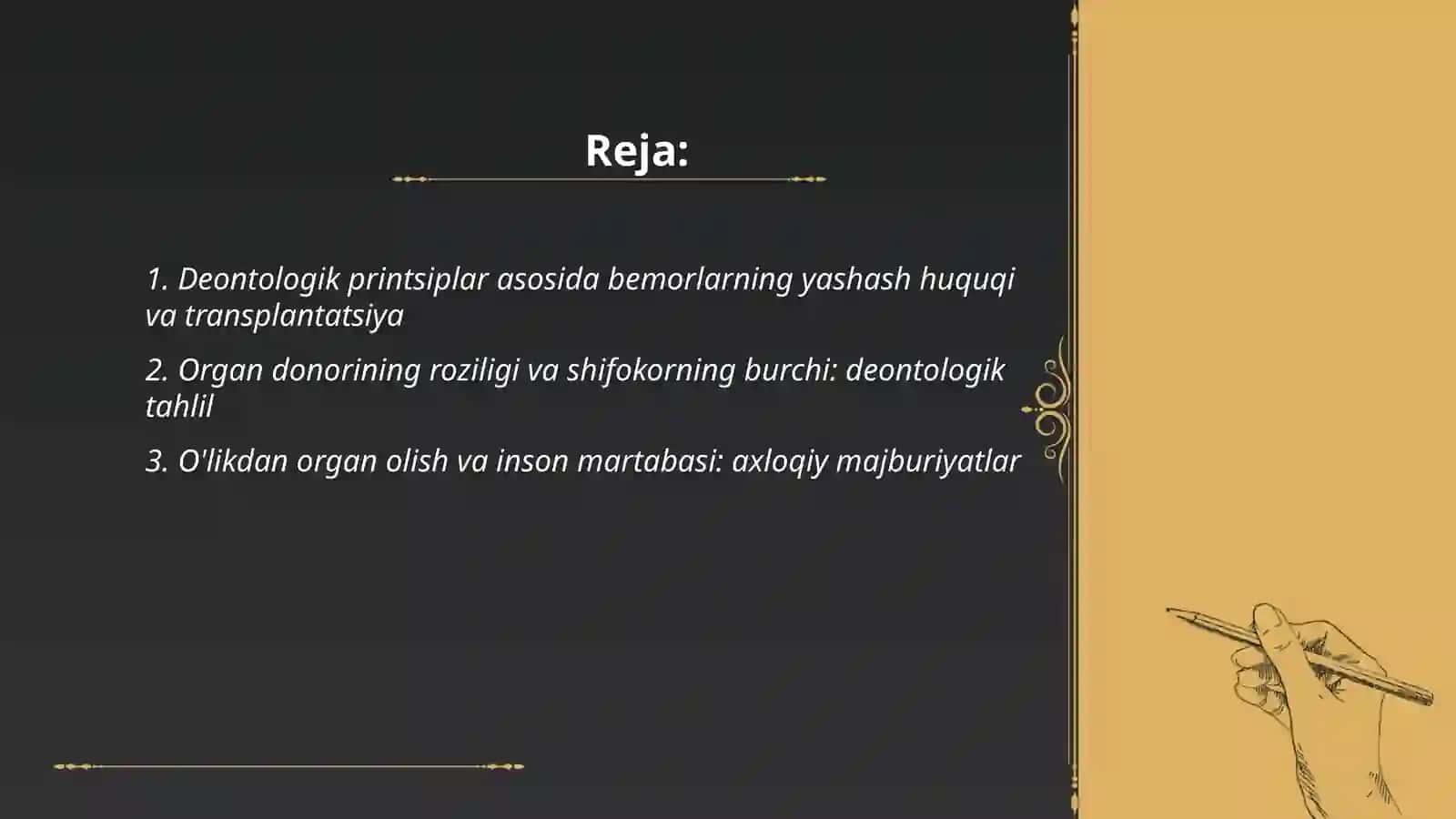 Bemorlarning yashash huquqini himoya qilishning deontologik jihatlari:transplantatsiya, ildiz hujayralaridan foydalanish, sun'iy urug'lantirish, abort 2