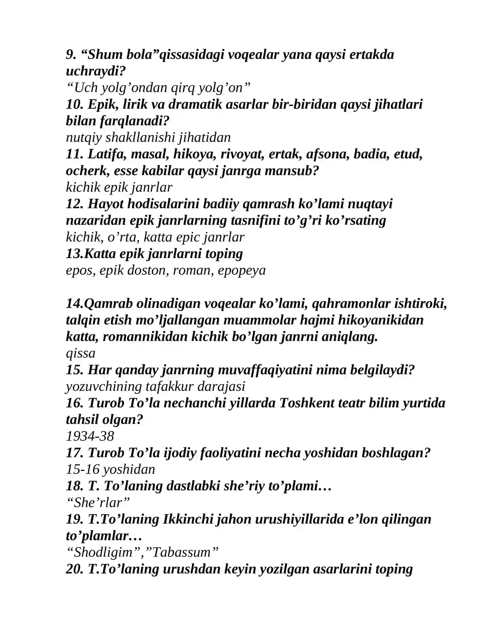 U6-SINF ADABIYOTI (460 ta) savollar+javoblar 2