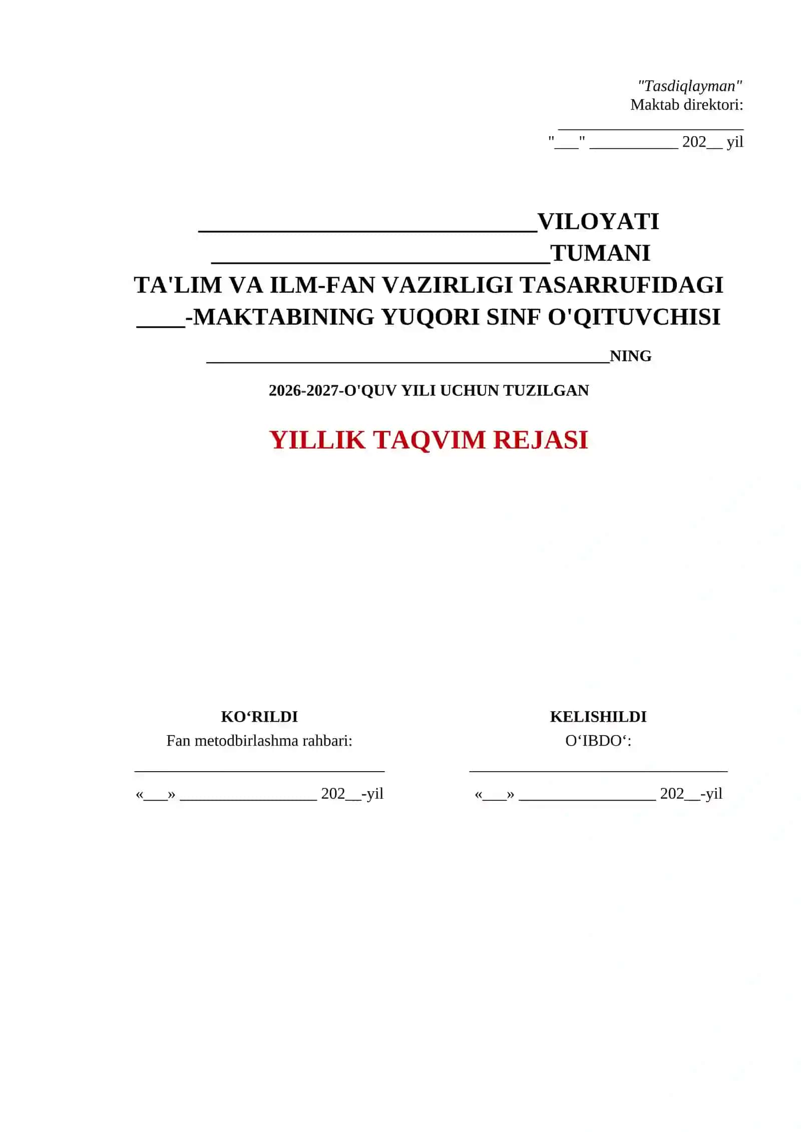 Taqvim ish reja yuzi  2026-2027 2