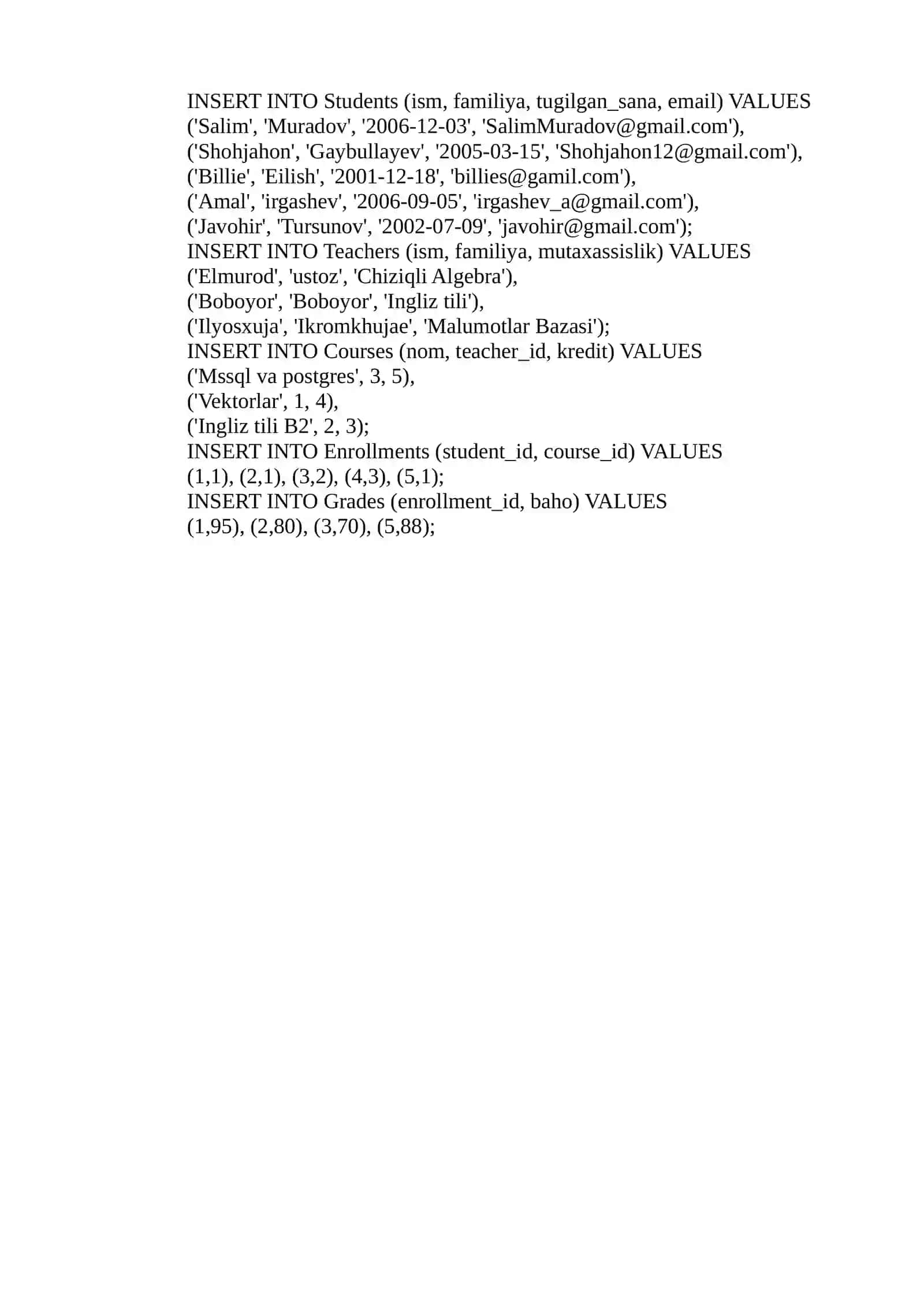 CREATE TABLE Students 2