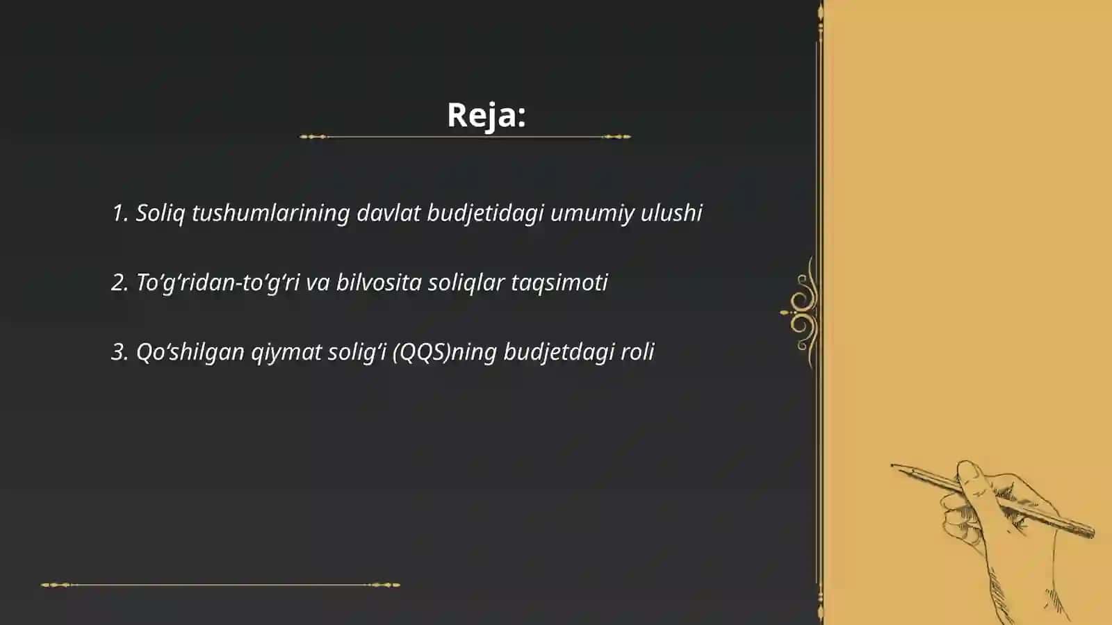 Soliqlar tushumlari va budjet jami tushumlarining ulushi 2