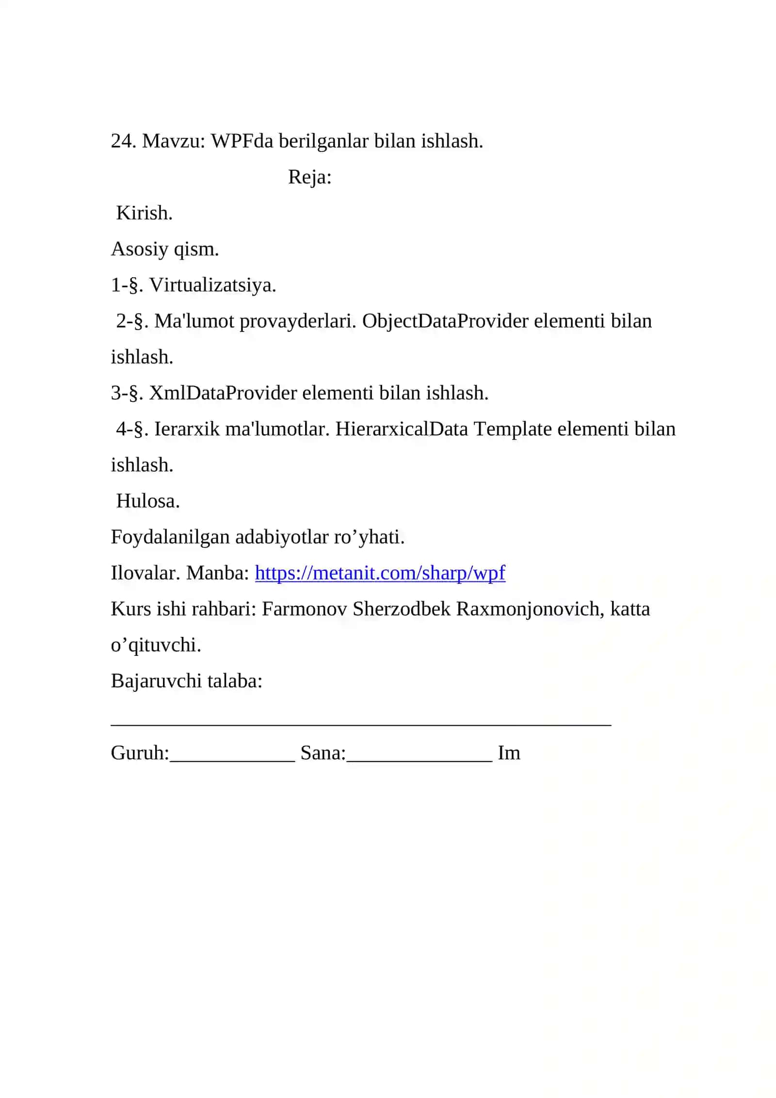 WPF da berilganlar bilan ishlash 2