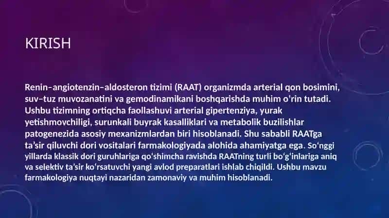 Renin–angiotenzin sistemasiga ta’sir qiluvchi yangi dori vositalar 2