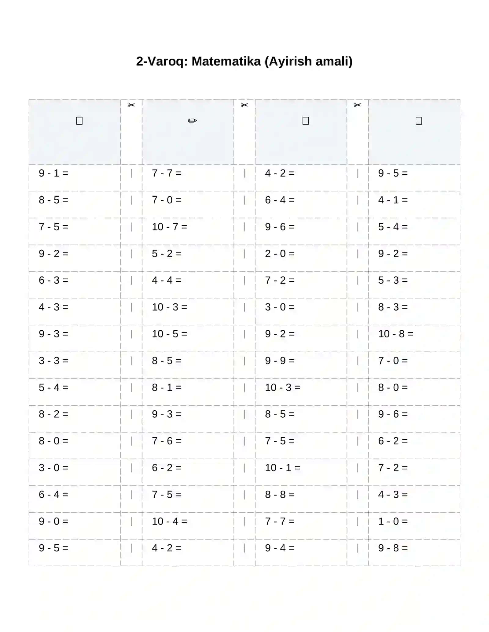1 - sinflar uchun Matematika ayirish amali 2