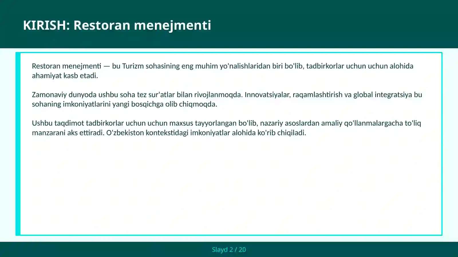KIRISH: Restoran menejmenti 2