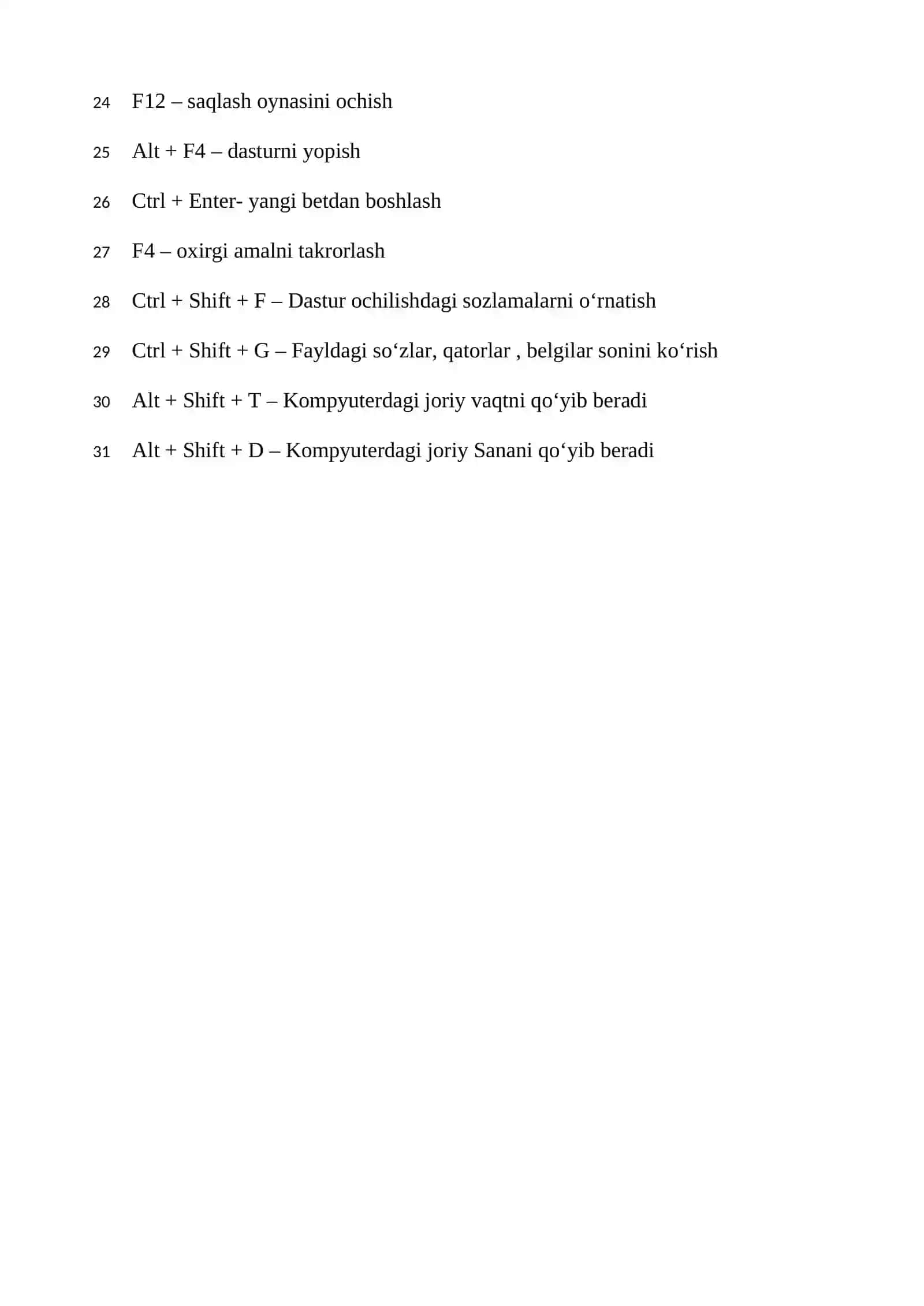 Microsoft Word klaviatura tugmalari 2