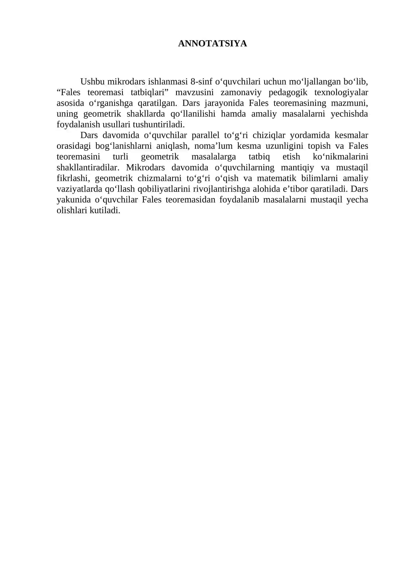 Fales teoremasi tatbiqlari (8-sinf) 2