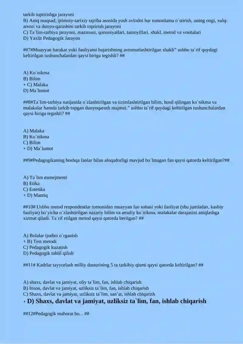 UMUMIY PEDAGOGIKA FANIDAN TEST SAVOLLARI 2