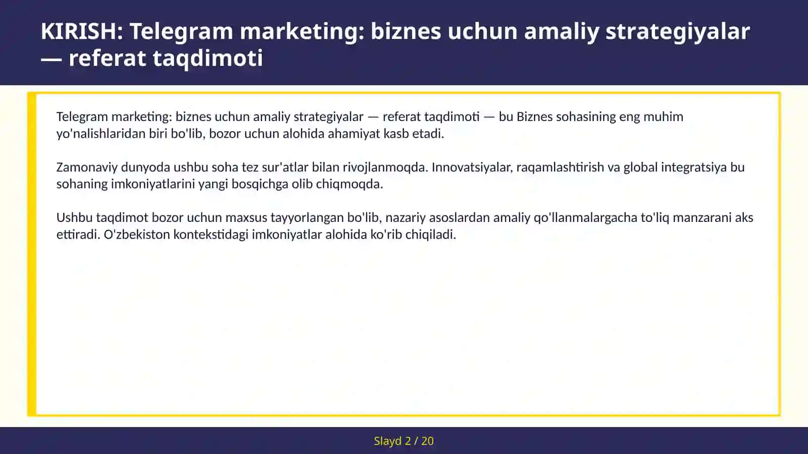 Telegram marketing: biznes uchun amaliy strategiyalar — referat taqdimoti 2