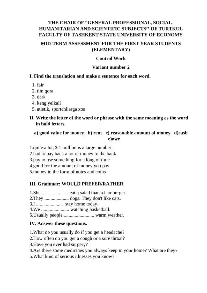 Mid-term assessment for the first year students 2