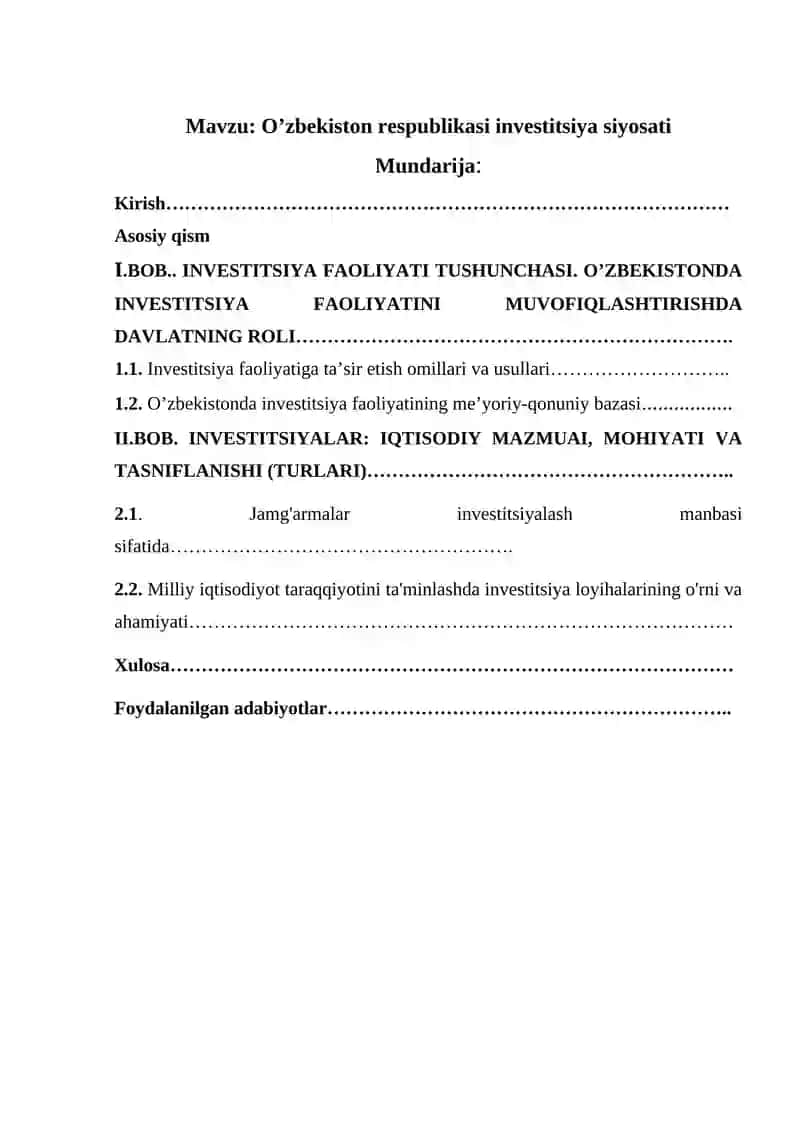 O’zbekiston respublikasi investitsiya siyosati 2