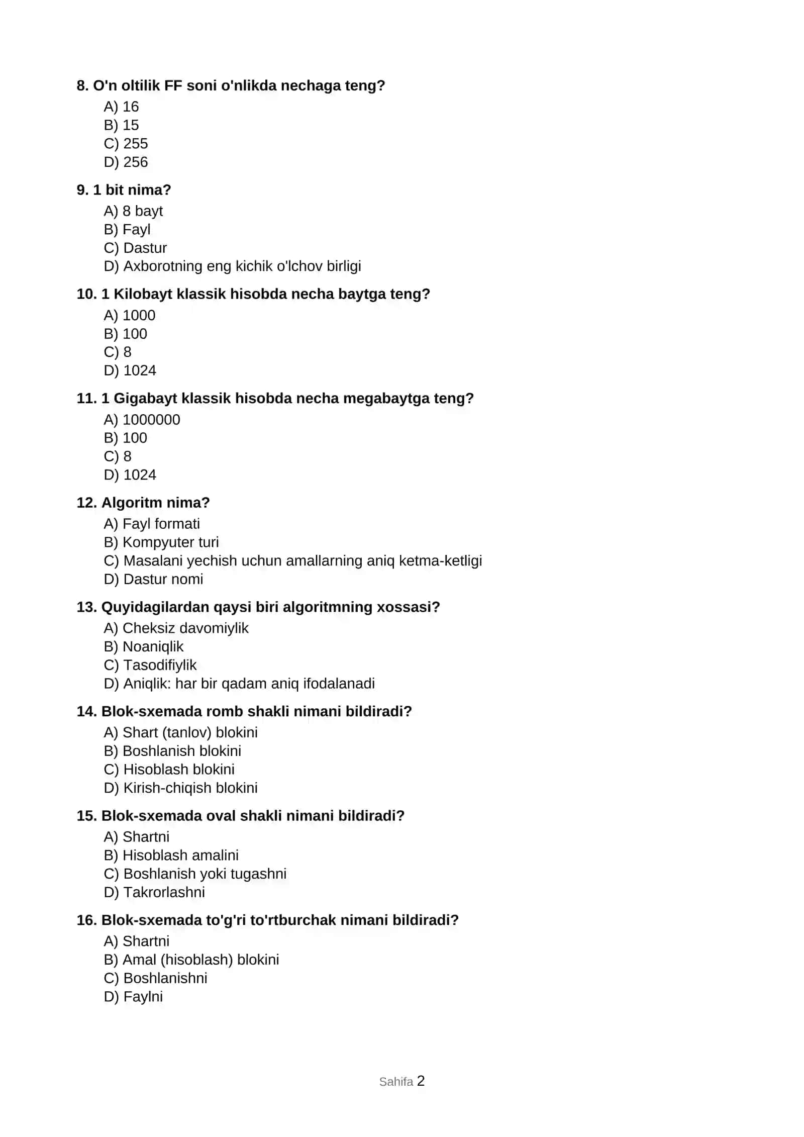 Informatika: Umumiy test to'plami 2