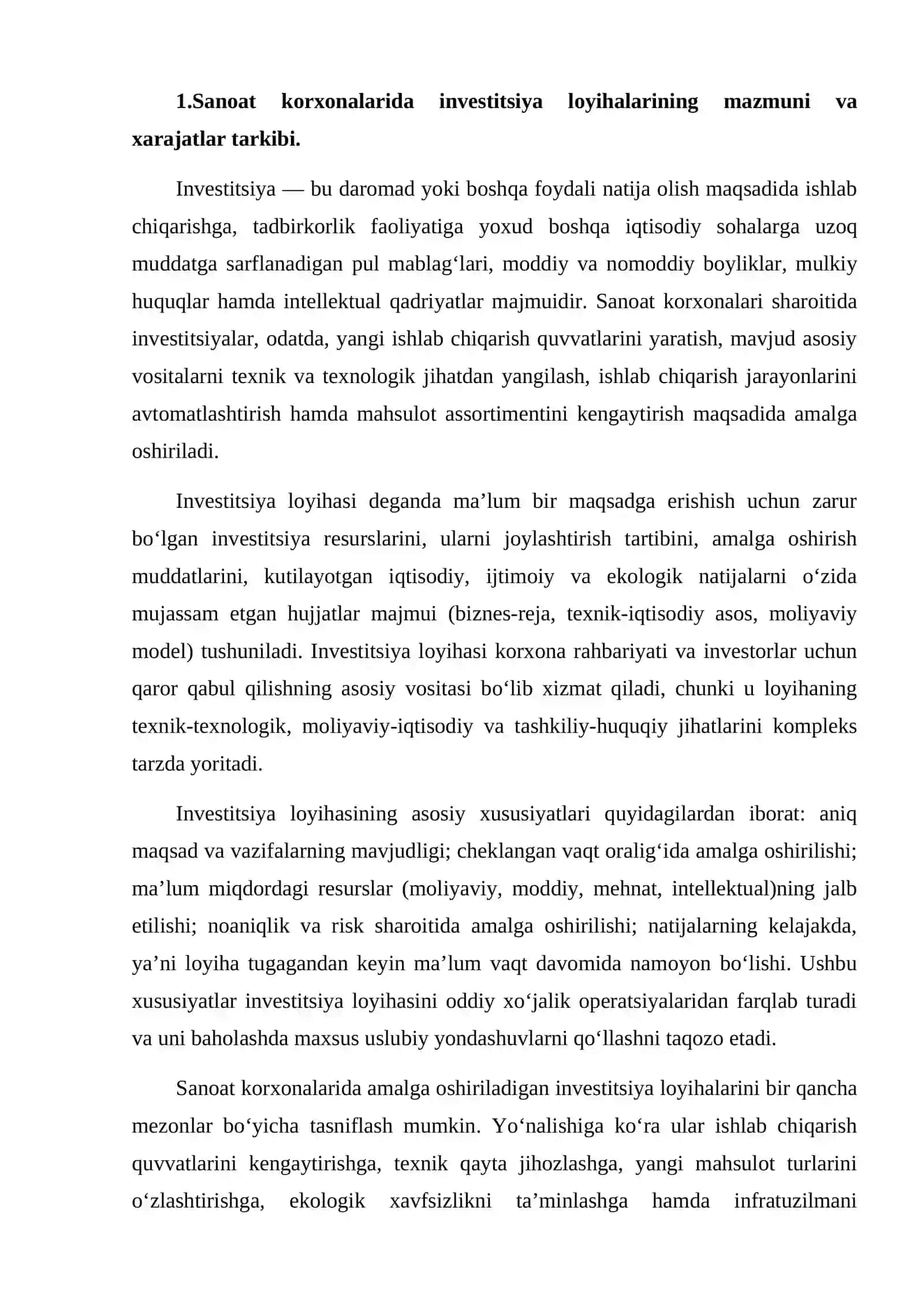 mustaqil ish Sanoat korxonasida investitsiya loyihasining samaradorligini va xarajatlarni baholash 2