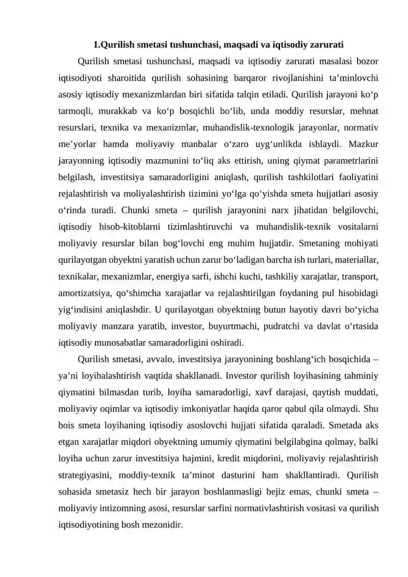 Qurilishning smeta bo‘yicha qіymati (narxi)ni belgilashning tarkibi, tuzilishi va uslublari 2