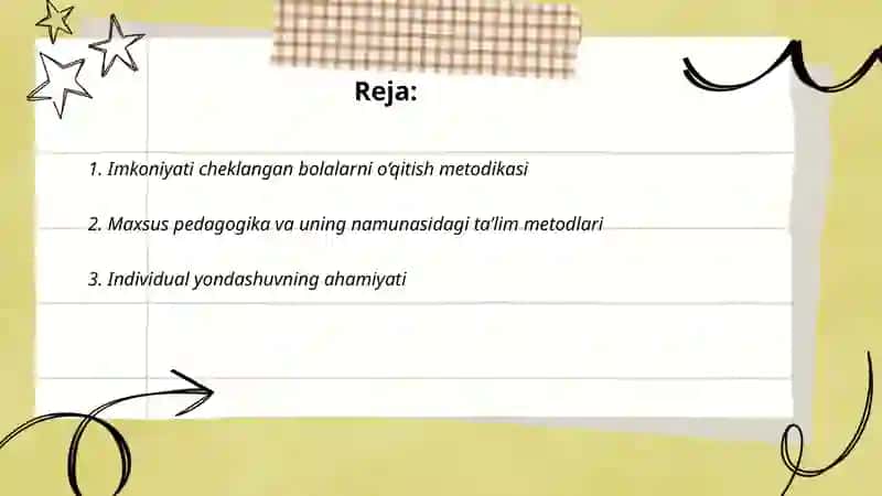 Imkoniyati chek-langan bolalarini o‘qitishda ta’lim metodlari va vosi-talari, ta’limni tashkil etish shakllari va turlari to‘g‘-risida bilim-larni berish 2