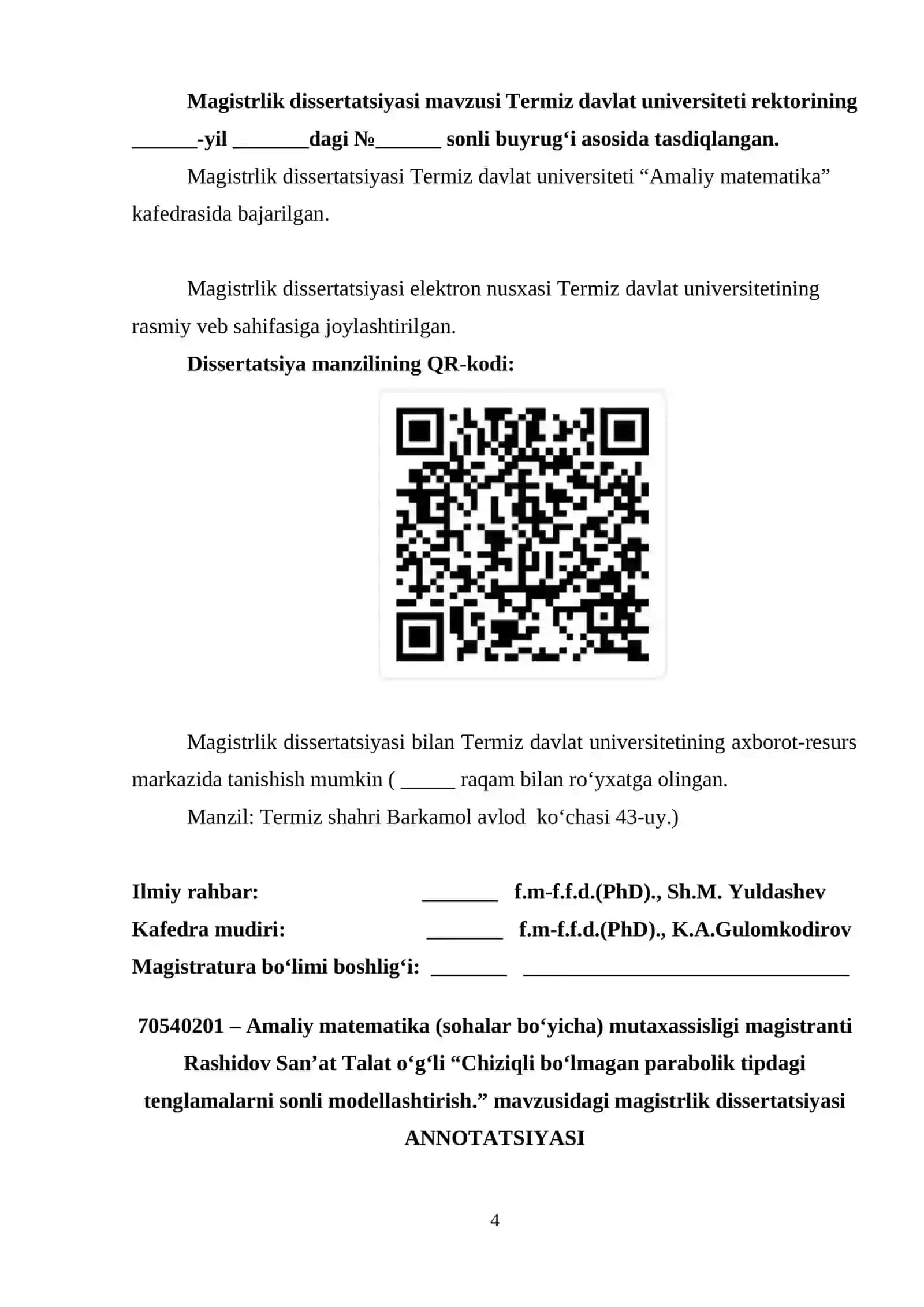 Magistrlik dissertatsiyasi mavzusi Termiz davlat universiteti 2