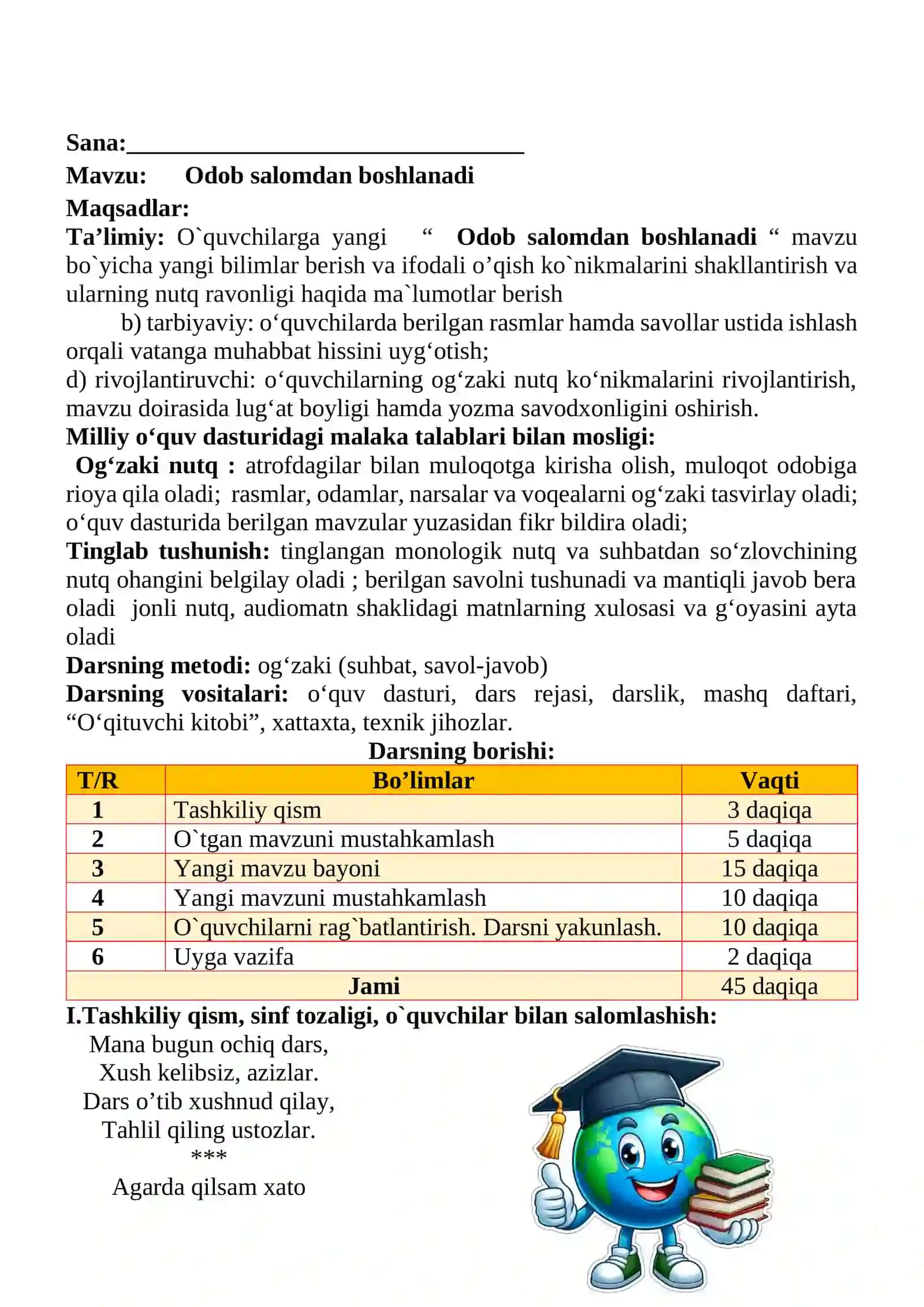 Odob salomdan boshlanadi mavzusida 2-sinf O'qish fanidan dars ishlanmasi 2