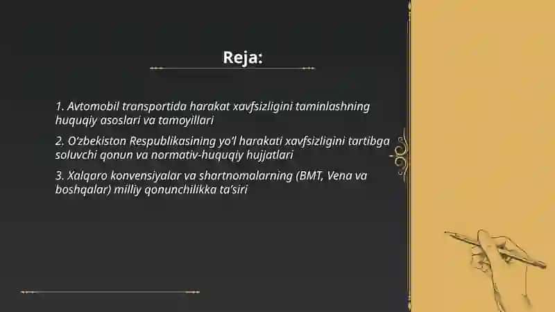 Avtomobil transportida harakat xavfsizligini taminlashning huquqiy asoslari 2