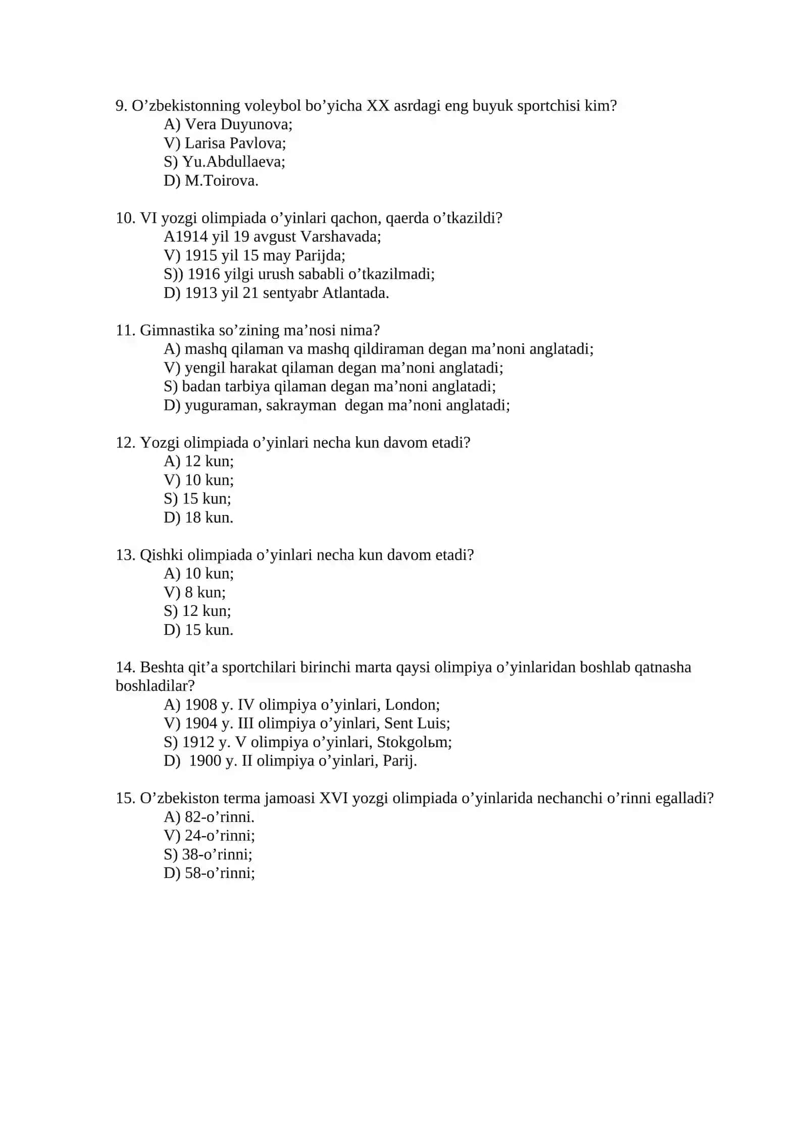 Jismoniy tarbiya fanidan test 2