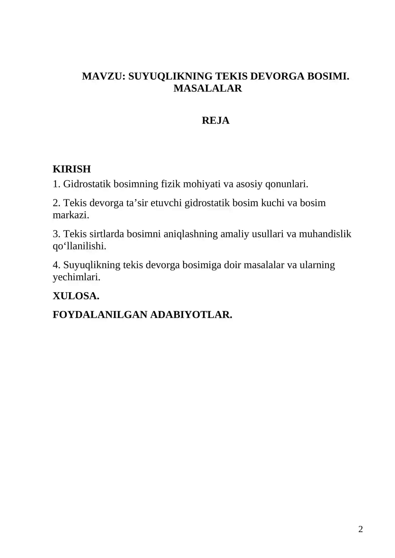 MAVZU: SUYUQLIKNING TEKIS DEVORGA BOSIMI. MASALALAR 2