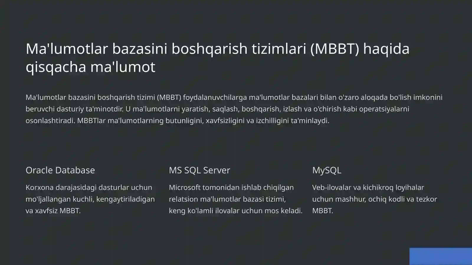 Oracle, MS SQL Server va MySQL: SQL buyruqlari asoslari 2