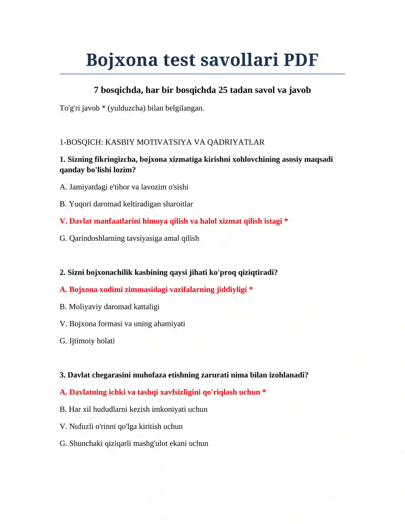 Bojxona test savollari PDF 2