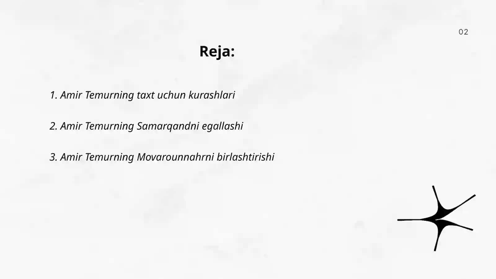 Amir temurning siyosiy va harbiy faoliyatining dastlabki davrida amalga oshirgan ishlari. Amir temurning strategiyasi va jangovor taktikasining õziga xos xususiyatlari 2