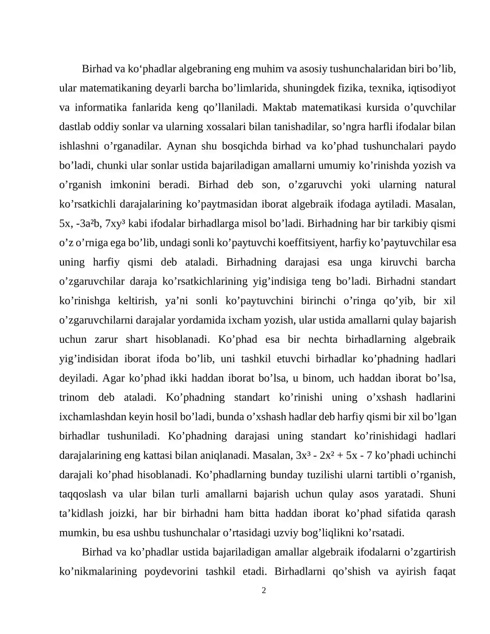 Birhad va ko'phad tushunchalari va ular ustida amallar. 2