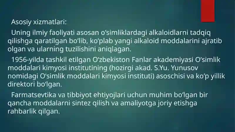 KIMYO FANINI RIVOJLANTIRISHDA O’Z HISSASINI QO’SHGAN O’ZBEKISTON OLIMLARI 2
