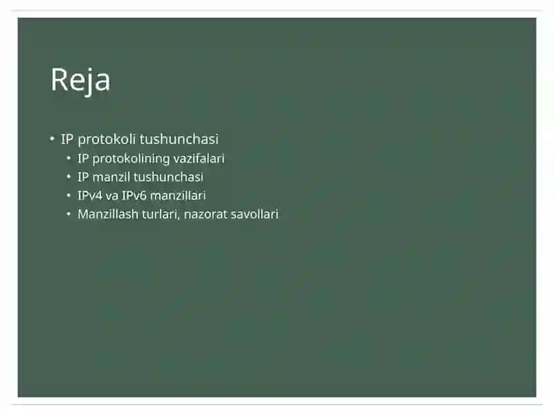 IP (Internet Protocol) va manzillash tushunchasi 2
