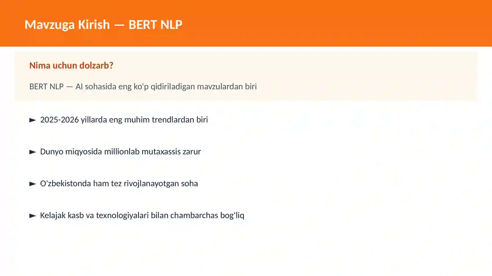 AI | DEEP LEARNING VA NEYRON TARMOQLAR BERT NLP 2
