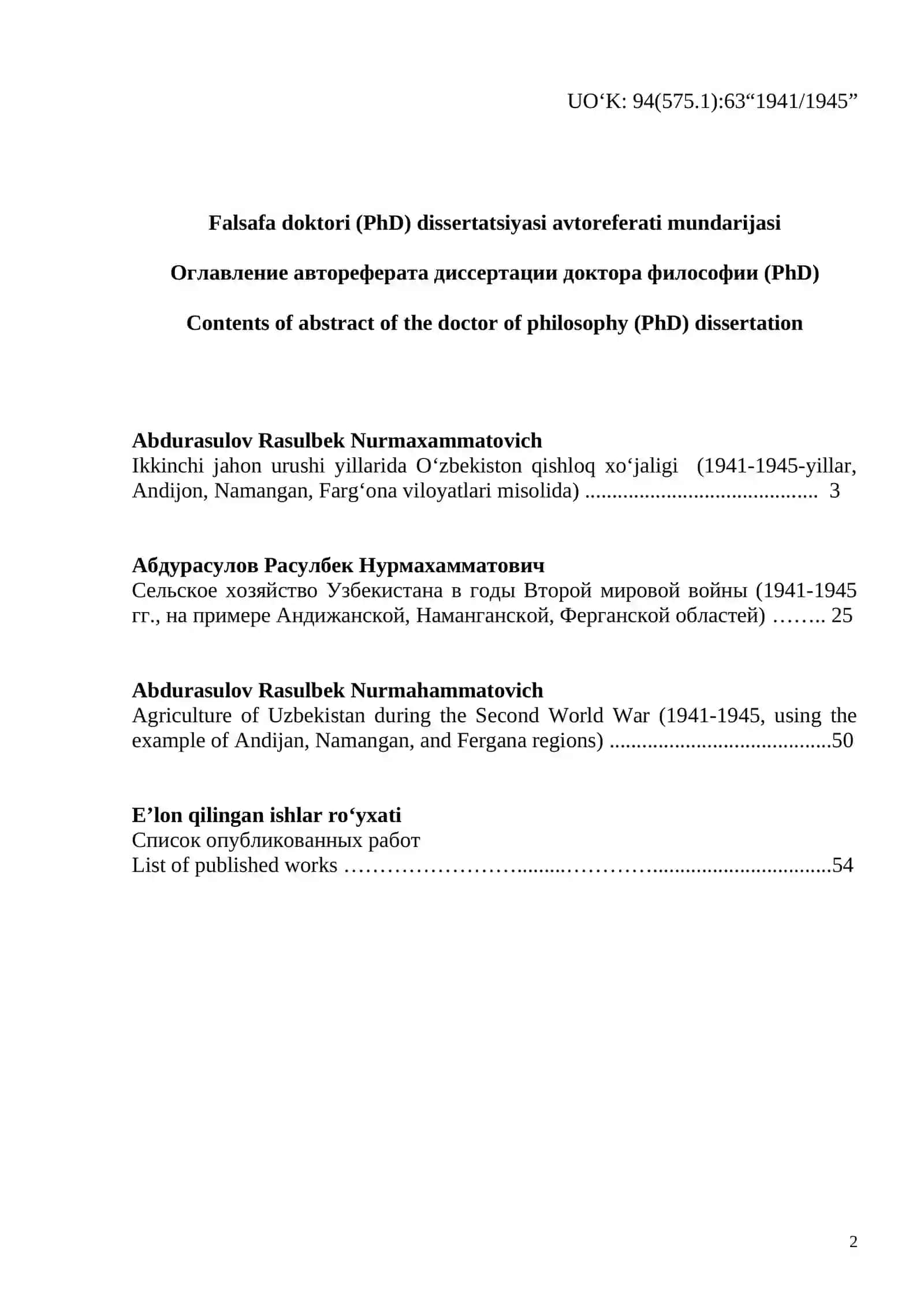 IKkinchi jahon urushi yillarida O‘ZBEKISTON QISHLOQ XO‘JALIGI (1941-1945-yillar, Andijon, Namangan, Farg‘ona viloyatlari misolida) 2