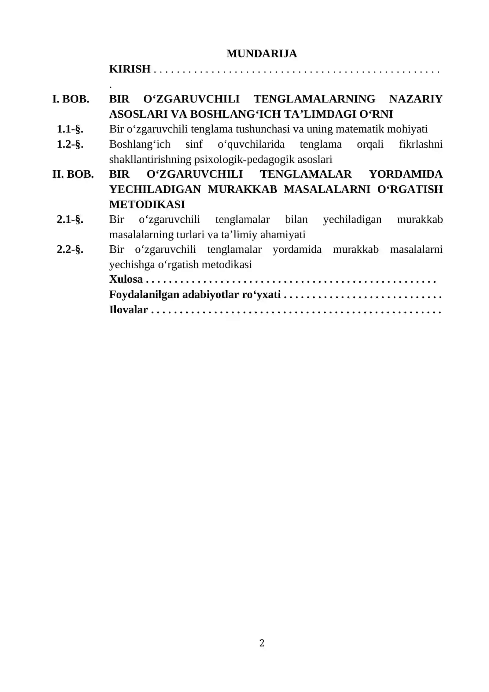 BIR O‘ZGARUVCHILI TENGLAMALAR YORDAMIDA YECHILADIGAN MURAKKAB MASALALARNI YECHISHGA O‘RGATISH METODIKASI (BOSHLANG‘ICH TA’LIM MISOLIDA) 2