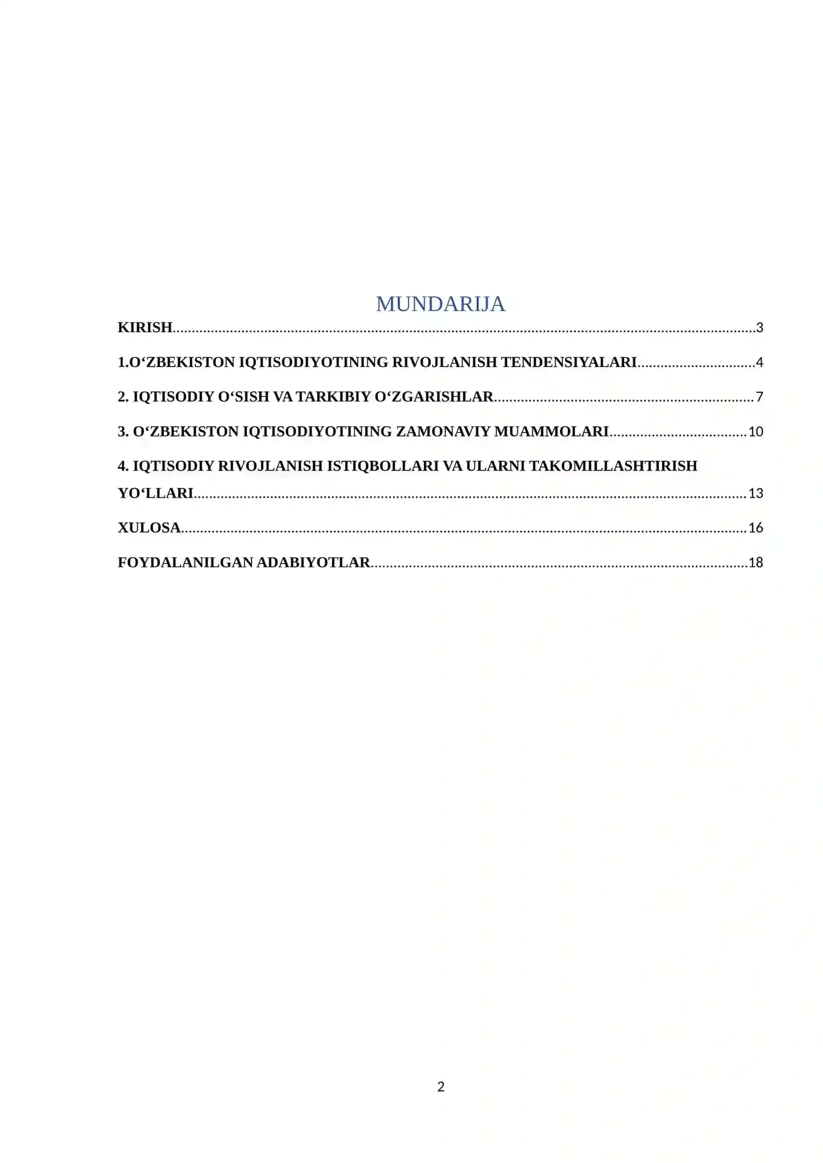 Mavzu: O‘zbekiston iqtisodiyotining rivojlanish tendensiyalari va zamonaviy muammolari 2