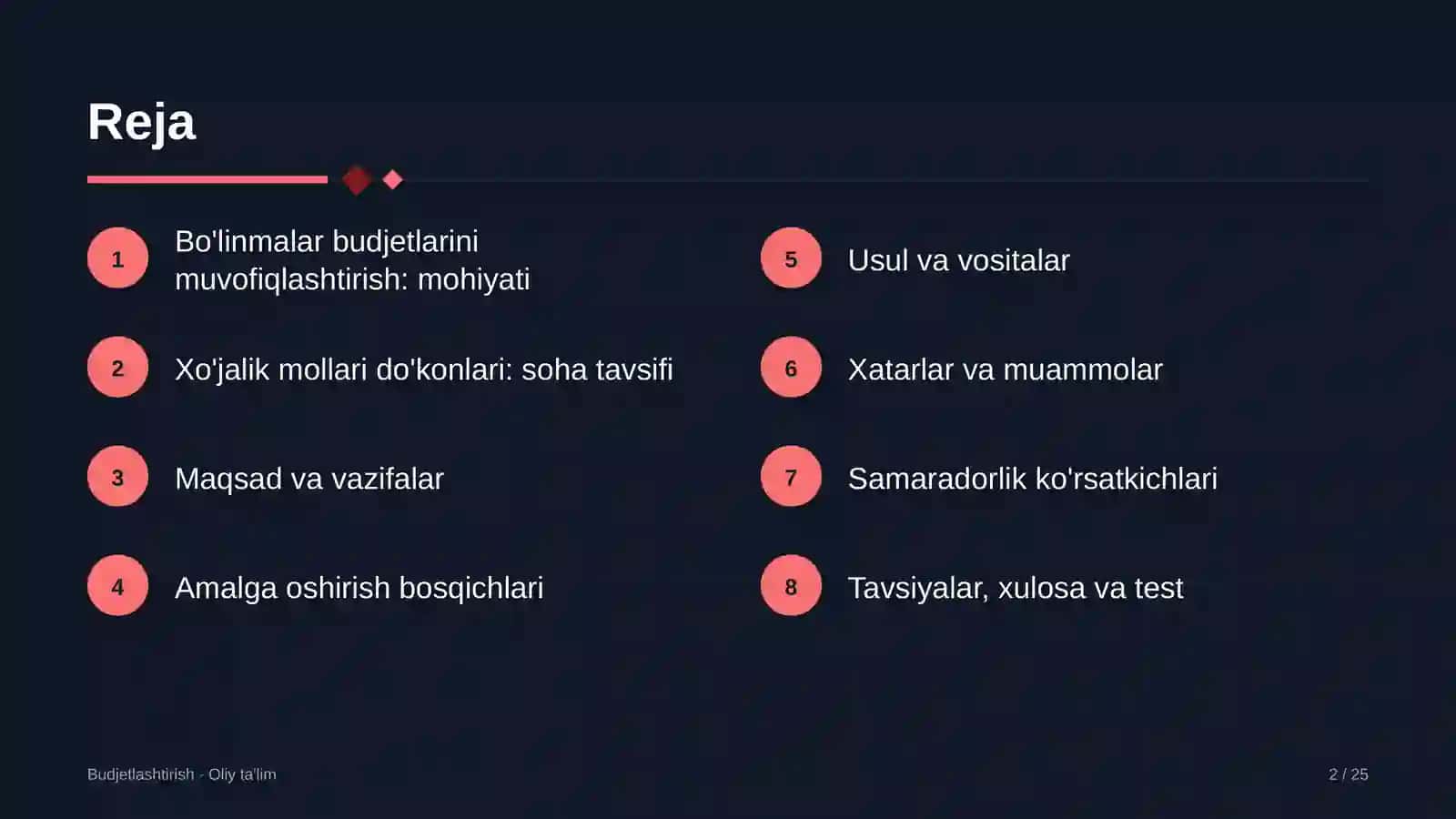 Xo'jalik mollari do'konlarida bo'linmalar budjetlarini muvofiqlashtirish 2