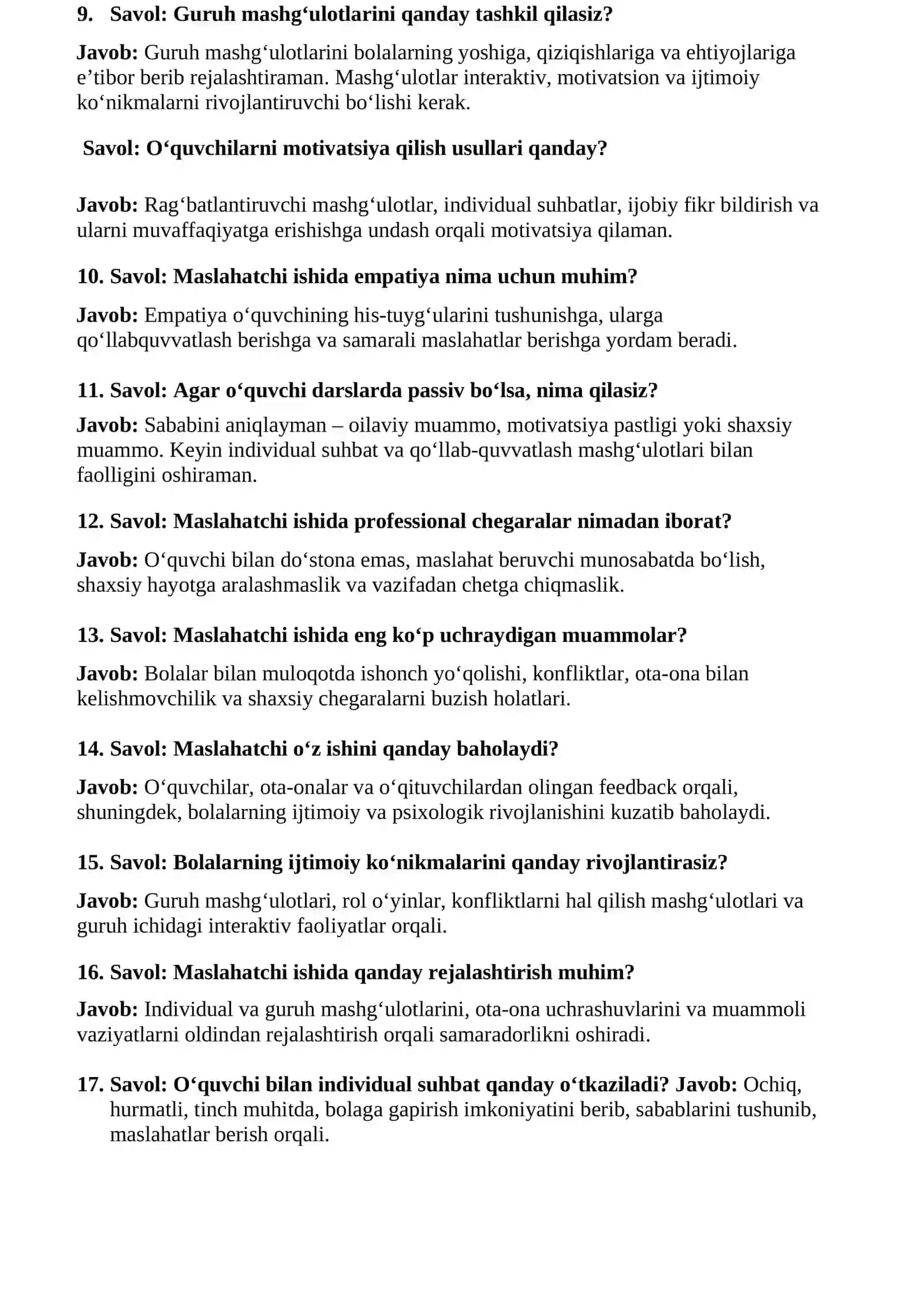 Maktab maslahatchisga ishga kirish uchun suhbat savol javoblari 2