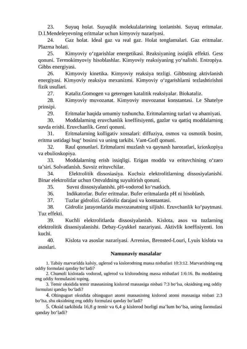 Kimyo ta’lim yo‘nalishi 1-kurs talabalari uchun Noorganik kimyo fanidan 1-oraliq nazorat savollari 2