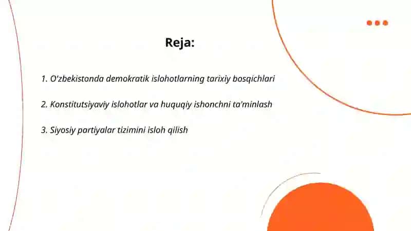 O'zbekistonda demokratik, fuqarolik jamiyati asoslarining shakllanishi, amalga oshirilayotgan siyosiy islohotlar 2