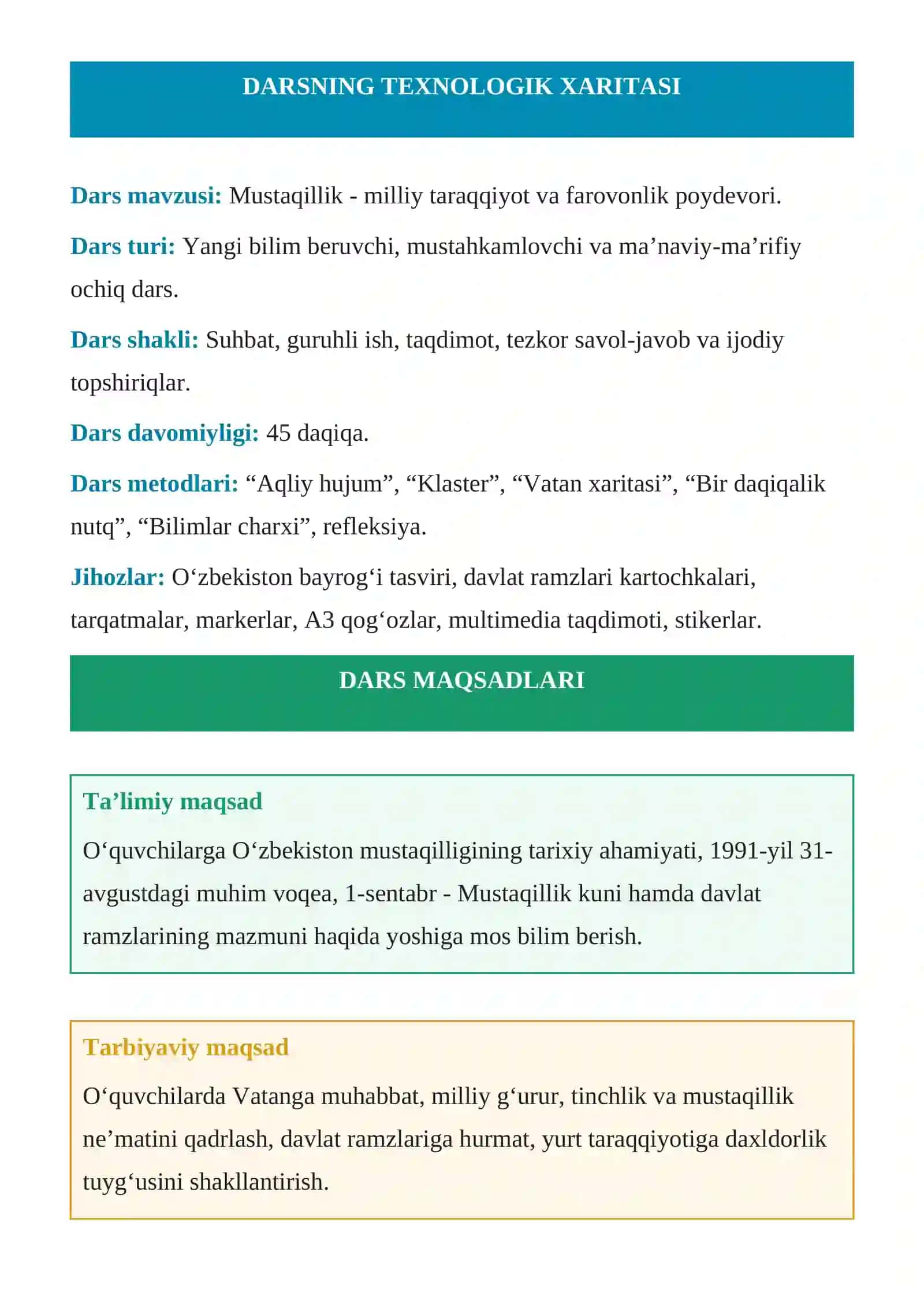 DARS ISHLANMA "MUSTAQILLIGIMIZNING 35 YILLIGI" 2