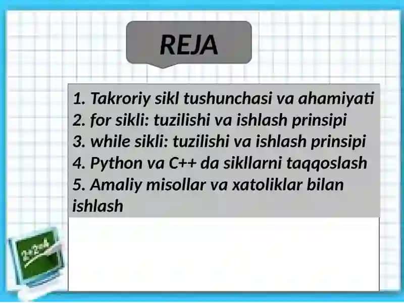 Python va C++ dasturlarida takroriy sikl operatorlari (for, while) 2