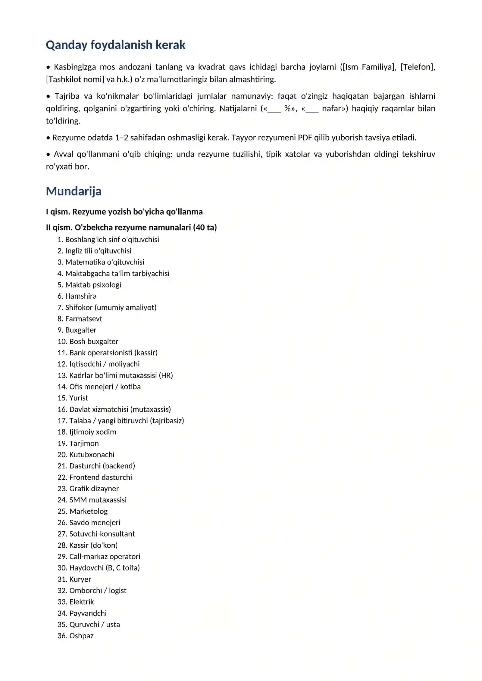 Rezyume namunalari 2026 uzbek tilida word CV va qoshimcha xat bilan tayyorgarlik toplami 2