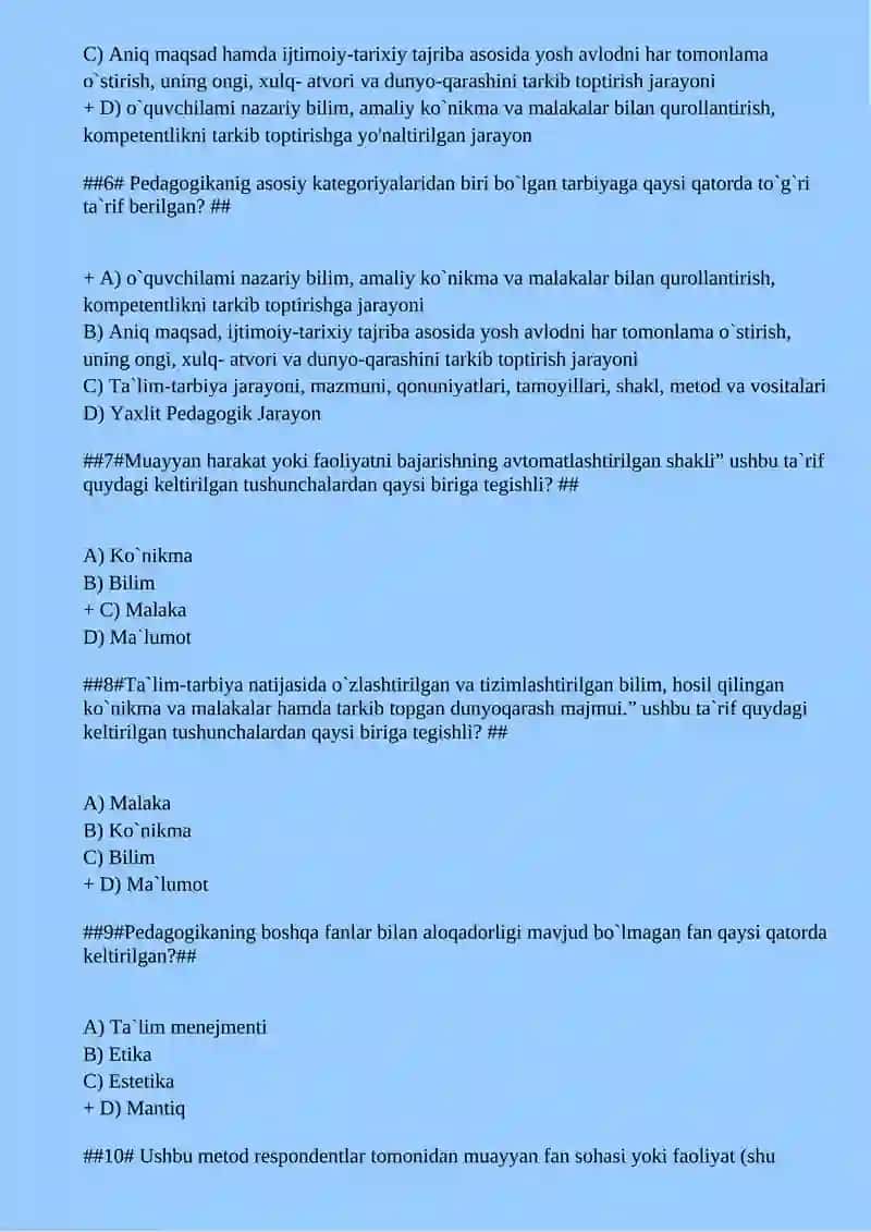 Umumiy pedagogika fanidan test savollari 2